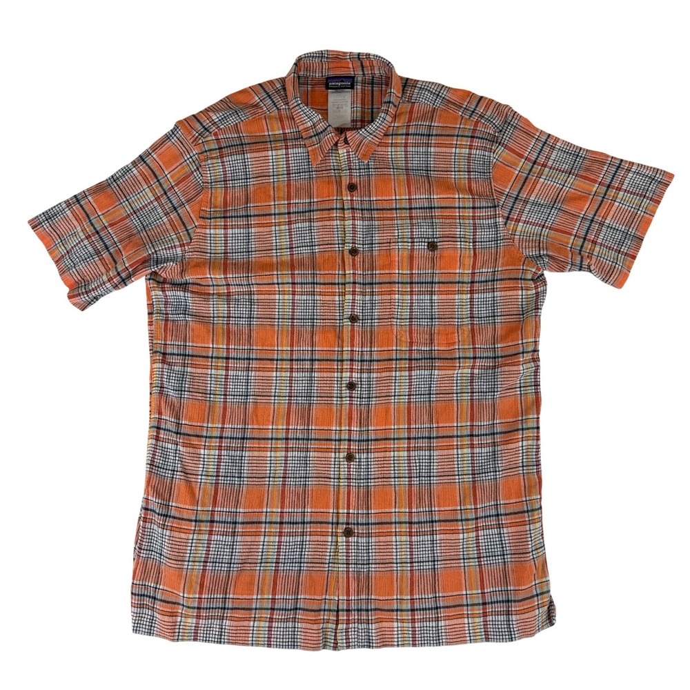 Patagonia Button Down Mens XL Orange Plaid Organic Cotton Seersucker 52921 SP15